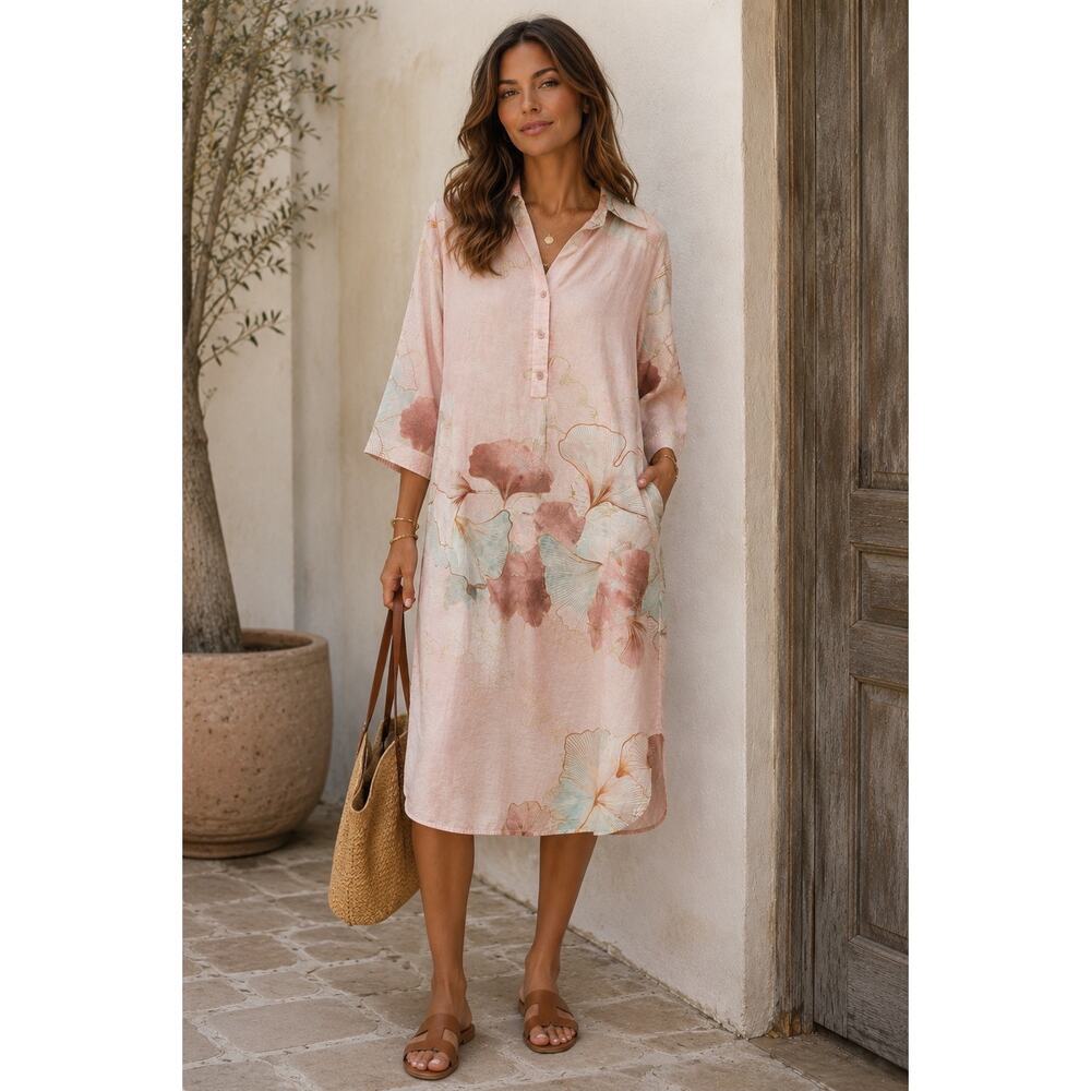 Scandal Italy Cienega Blush Pink Linen Blend Shirt Dress